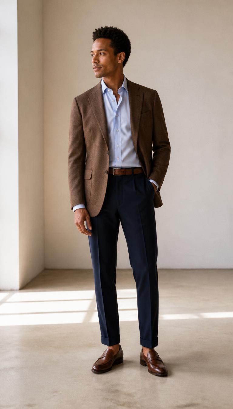 Man in a tobacco-brown blazer, pale blue shirt, navy tailored trousers and brown leather loafers, head to toe.