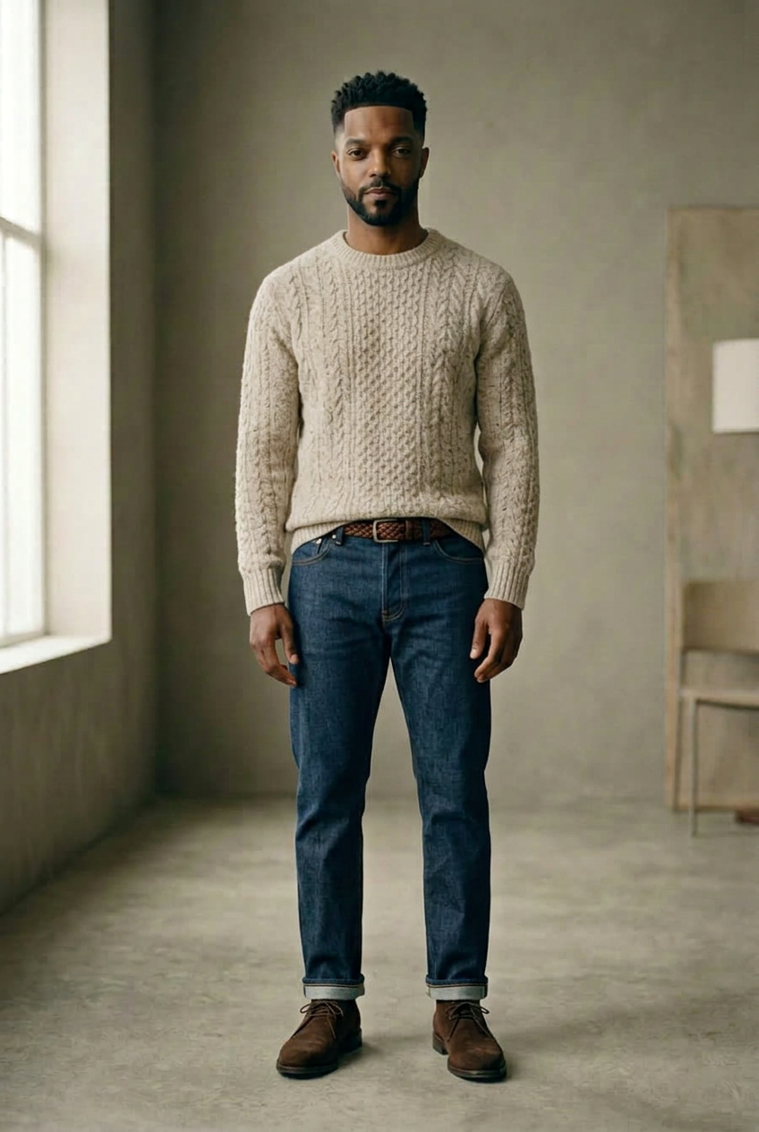 Man in an oatmeal wool crewneck, indigo denim and brown suede chukka boots, head to toe.