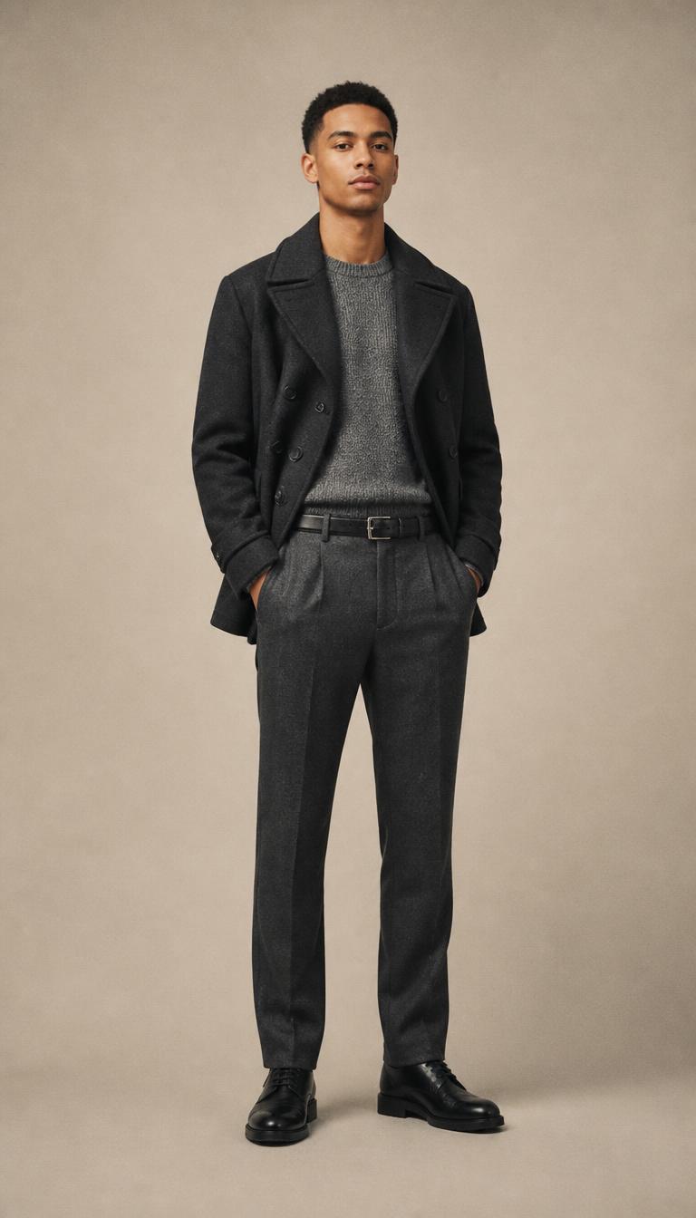 Man in a charcoal wool peacoat, grey knit, grey flannel trousers with a black belt and black leather derbies, head to toe.