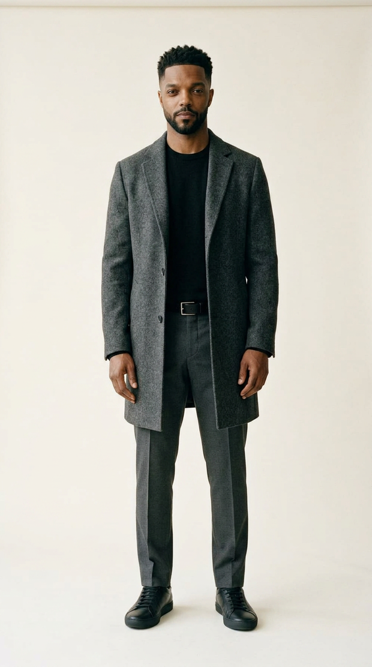 Man in an open charcoal wool overcoat, black merino crewneck, charcoal trousers with a black leather belt and black leather low-top sneakers, head to toe.