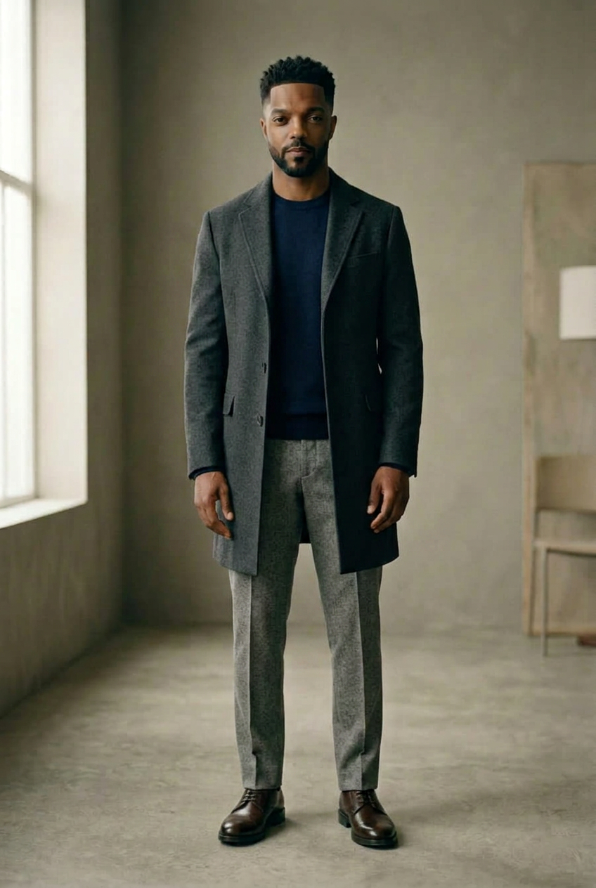 Man in a charcoal overcoat, navy knit, grey trousers and brown derbies, head to toe.