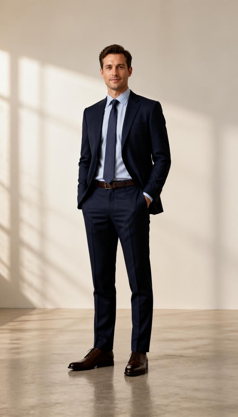 Man in a deep navy trouser suit, pale blue shirt, navy tie and dark brown cap-toe derbies, head to toe.