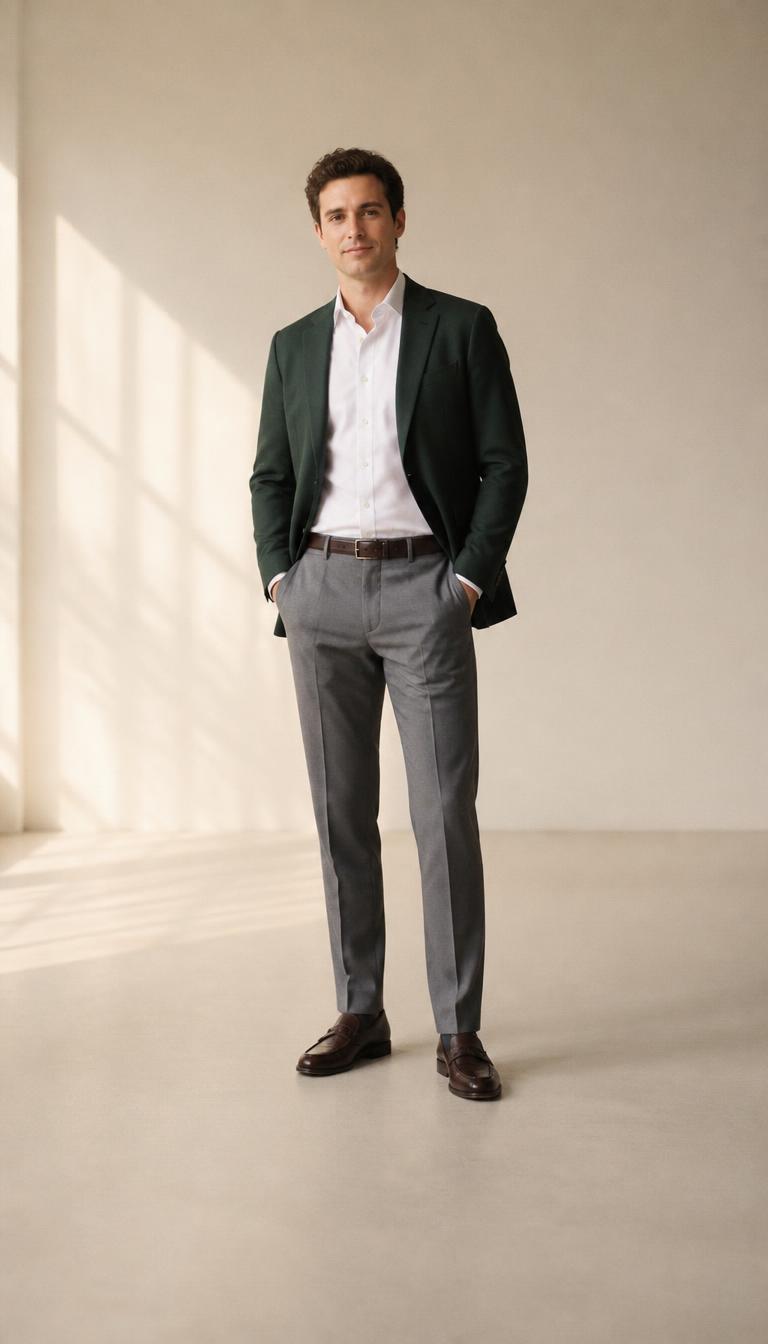 Man in a forest-green blazer, white shirt, grey tailored trousers and dark brown leather loafers, head to toe.