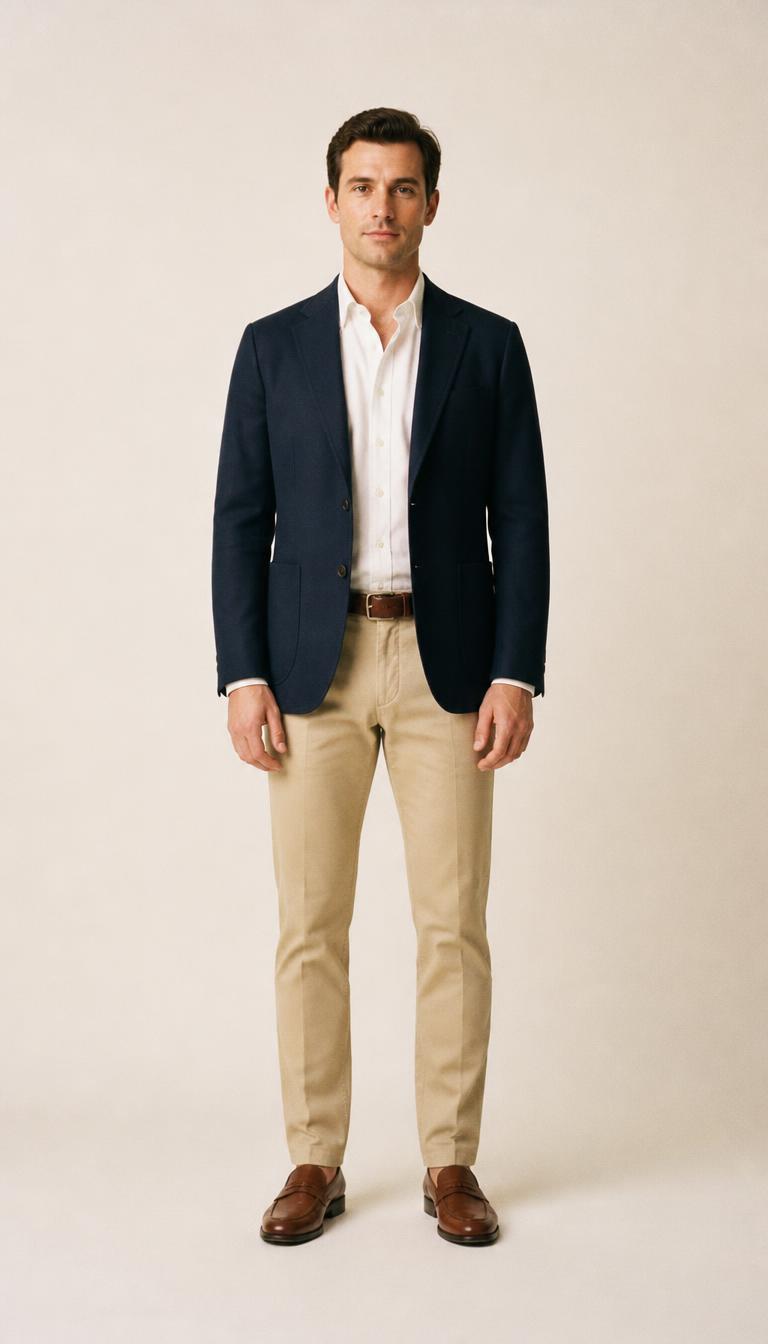 Man in a navy blazer, white shirt, beige chinos with a brown belt and brown leather loafers, head to toe.