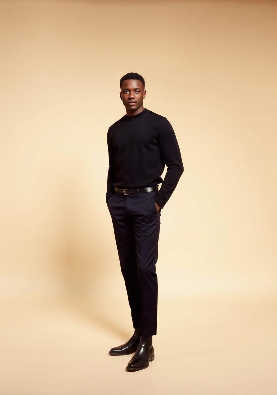 Man in a black merino crewneck knit, navy tailored trousers with a black belt and black leather Chelsea boots, head to toe.