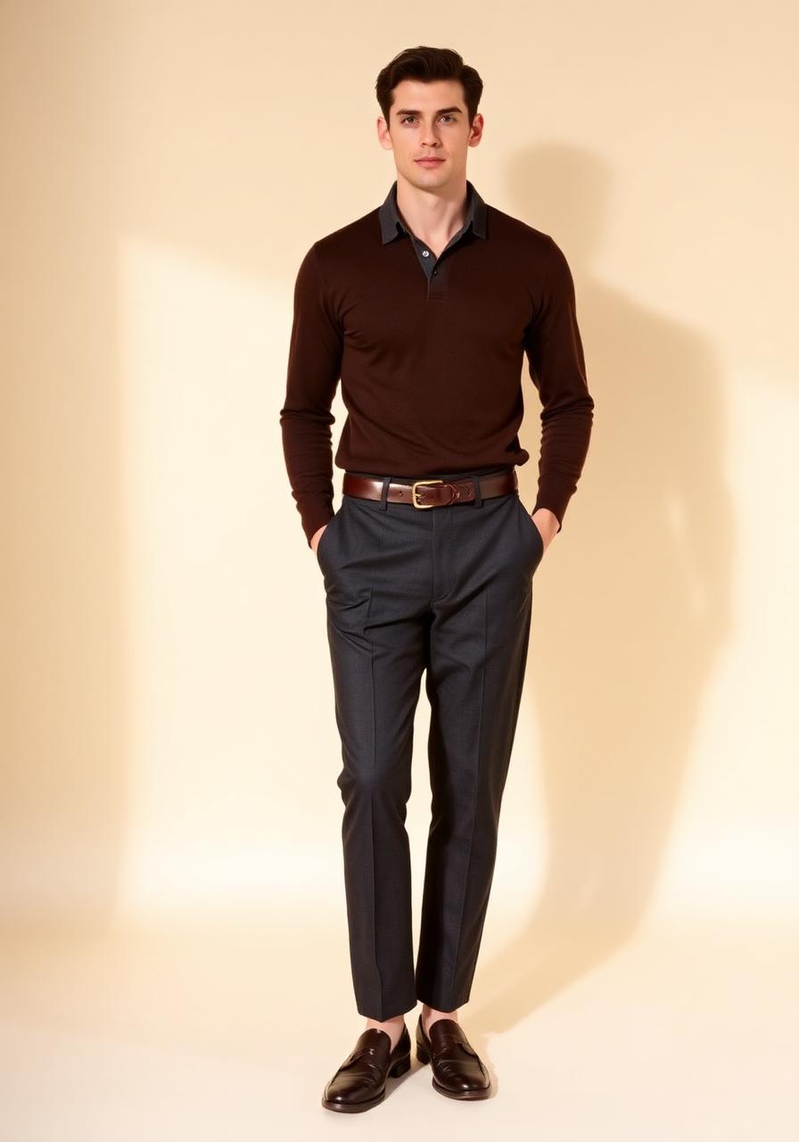 Full-length photograph of a man in a fine knit and trousers, shoes visible.