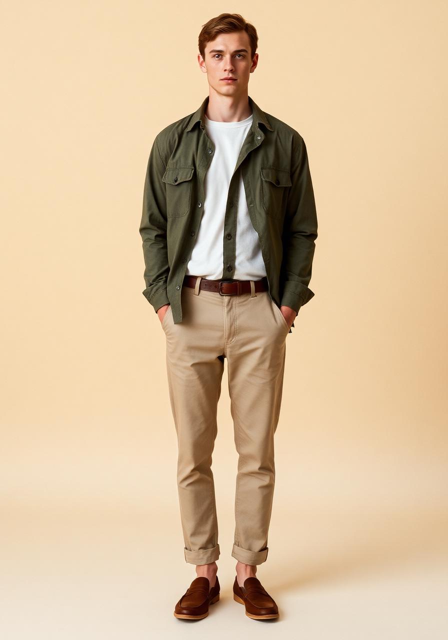 Man in an olive cotton overshirt over a cream tee, stone chinos with a brown belt and brown suede loafers, head to toe.