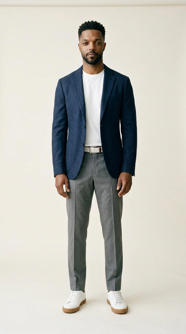 Man in a navy wool blazer, white cotton tee, mid-grey tailored trousers with a leather belt and white leather low-top sneakers, head to toe.