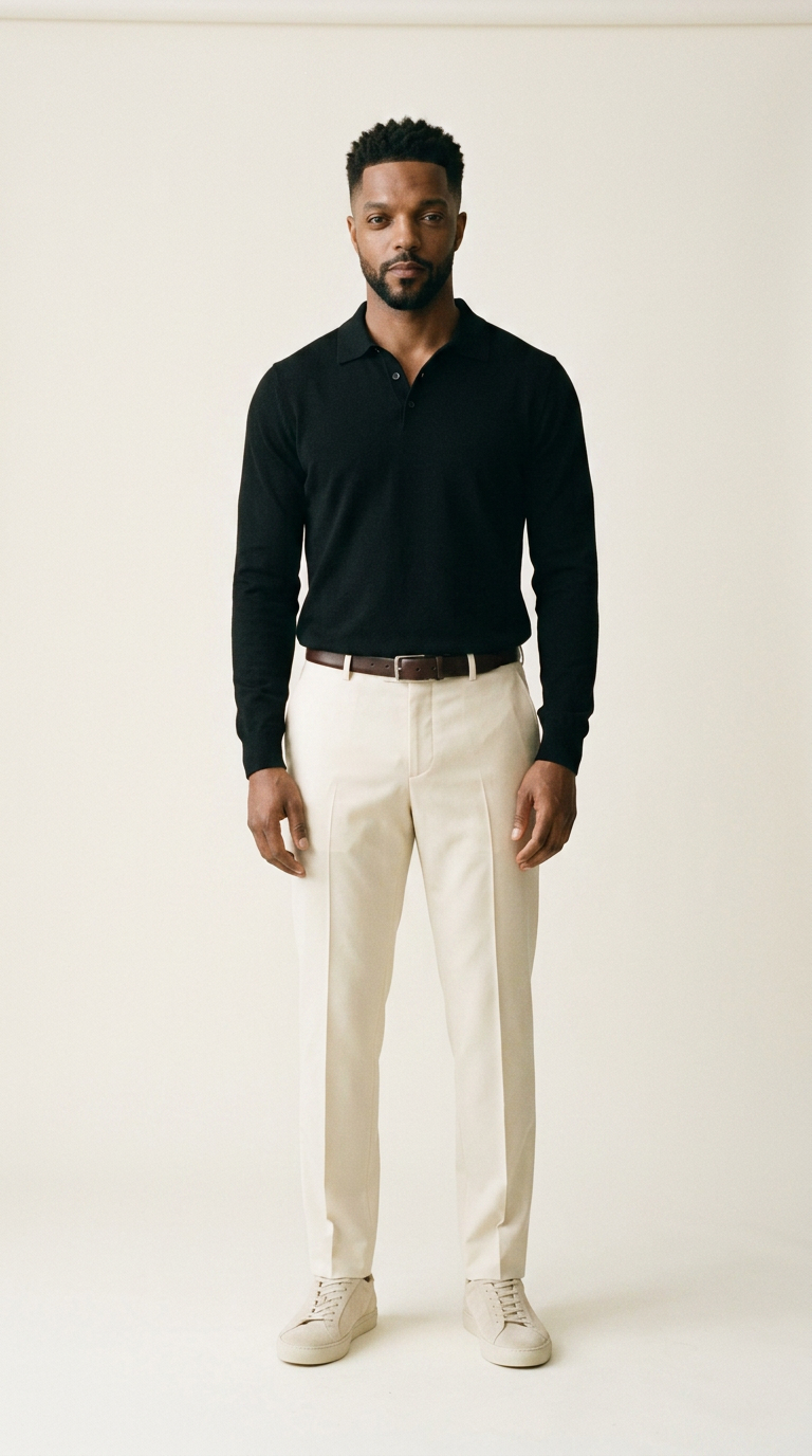 Man in a black fine knit polo tucked into cream tailored trousers with a dark brown leather belt and ecru suede low-top sneakers, head to toe.