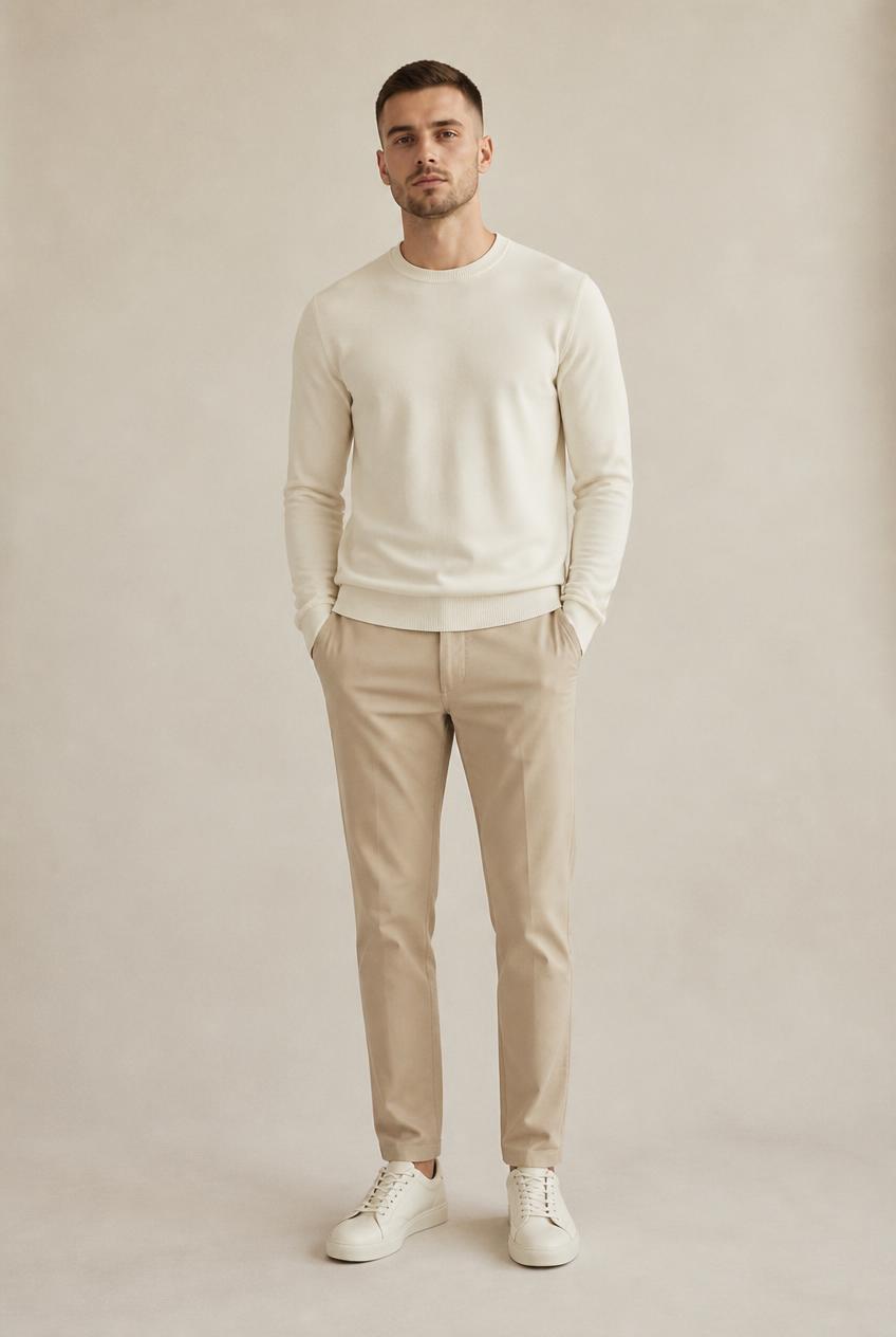 Man in a cream cotton crewneck, stone chinos and off-white leather sneakers, head to toe.