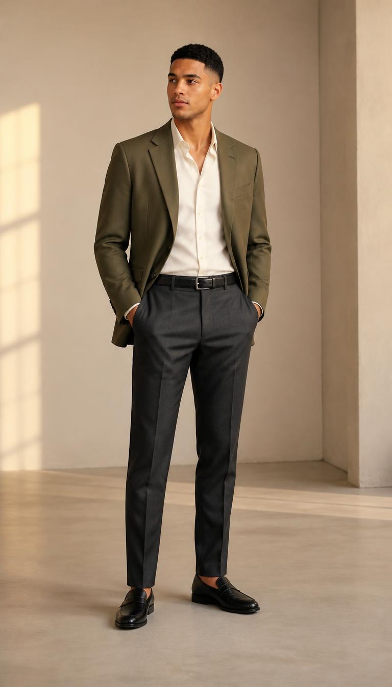 Man in an olive blazer, ivory shirt, charcoal tailored trousers and black leather loafers, head to toe.
