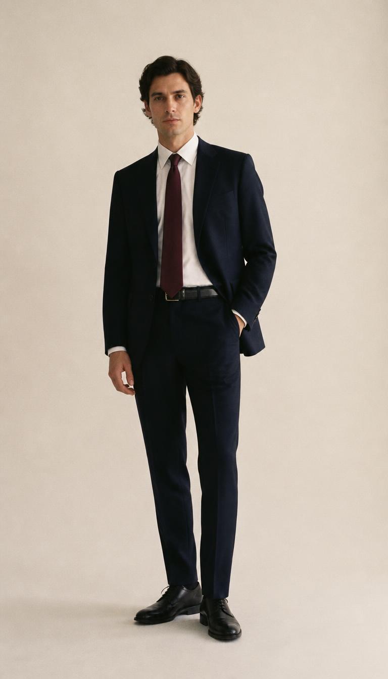 Man in a midnight navy wool suit jacket and matching suit trousers, white shirt, burgundy silk tie, black belt and black leather derbies, head to toe.