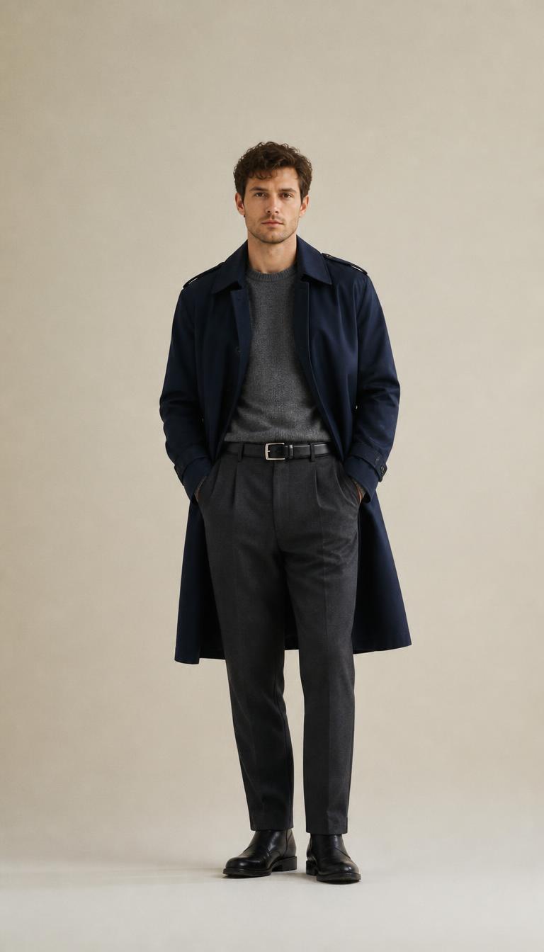 Man in a navy trench, grey knit, charcoal trousers with a black belt and black leather boots, head to toe.