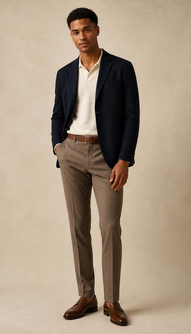Man in a navy blazer, cream knit polo, taupe tailored trousers and brown leather loafers, head to toe.
