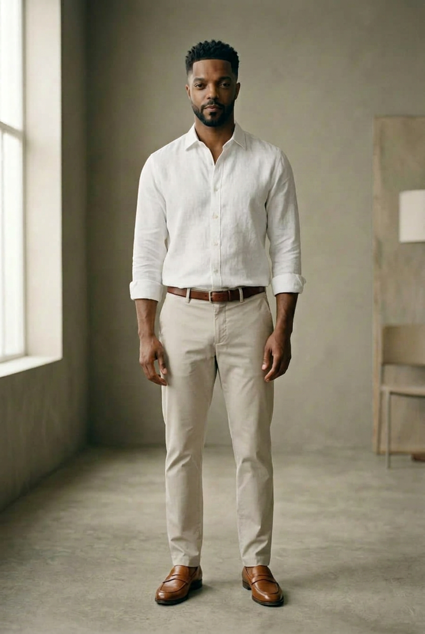 Man in a white linen shirt, stone chinos and tan loafers, head to toe.