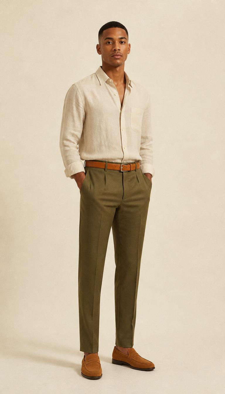 Man in a cream linen shirt, olive trousers with a tan belt and tan suede loafers, head to toe.
