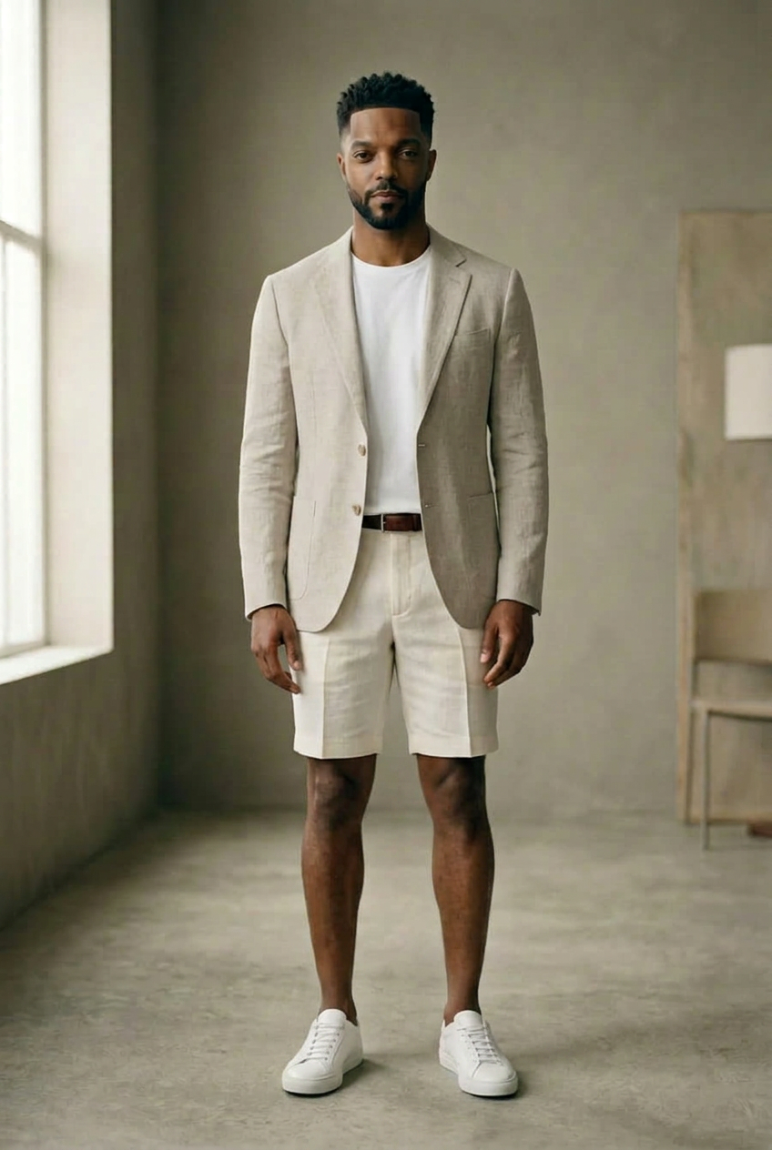 Man in a stone linen blazer, white tee, ecru tailored linen shorts and white leather sneakers, head to toe.