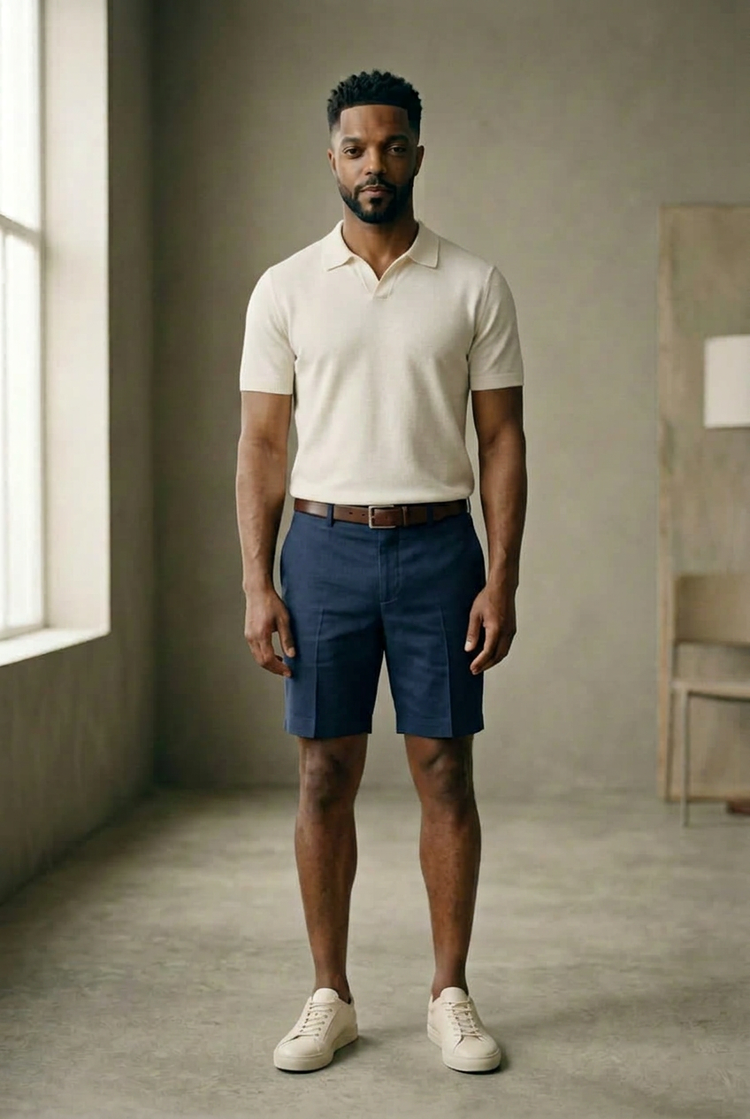 Man in a fine ivory knit polo, navy tailored shorts with a brown belt and off-white leather sneakers, head to toe.