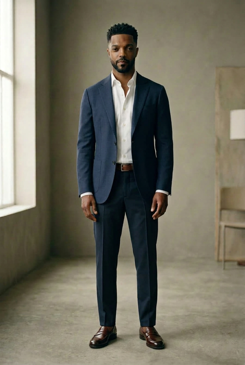 Man in a navy unstructured blazer, white shirt, dark trousers and brown loafers, head to toe.