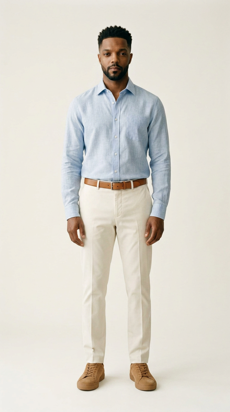 Man in a pale blue linen shirt, ecru cotton trousers with a tan leather belt and tan suede low-top sneakers, head to toe.