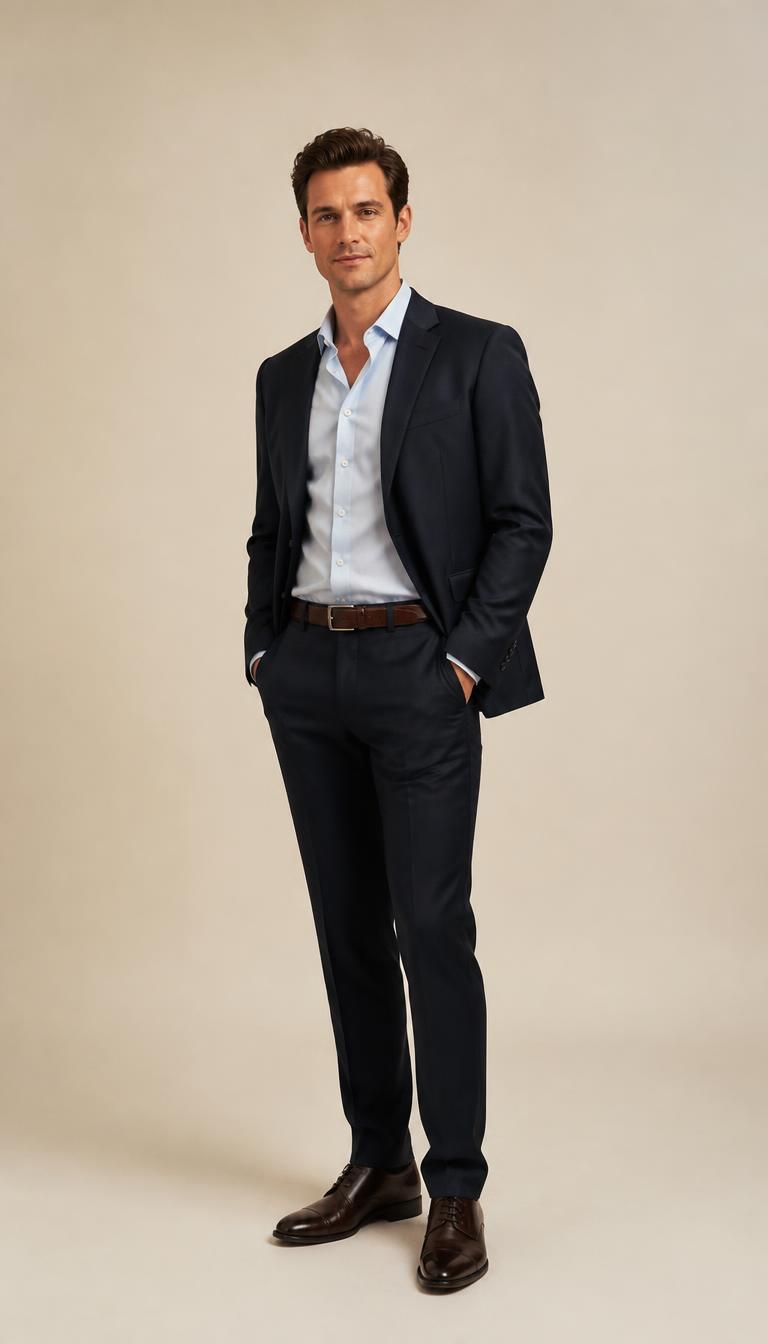 Man in a deep navy trouser suit, pale blue shirt and dark brown cap-toe derbies, head to toe.