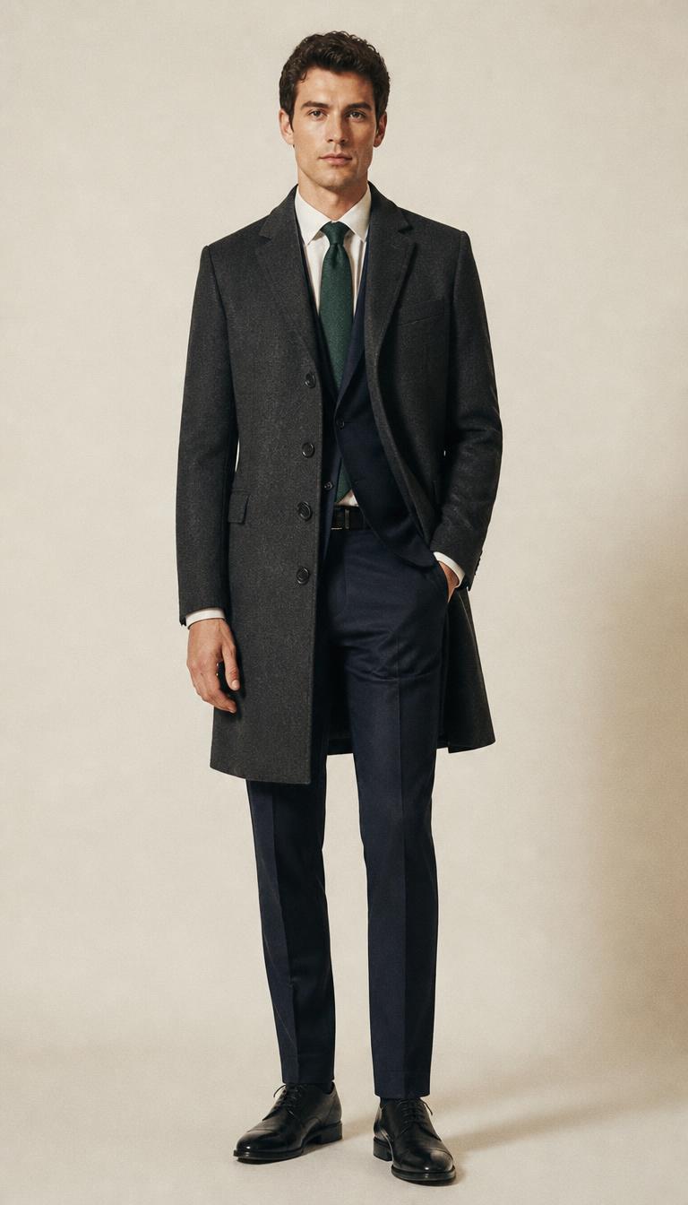 Man in a charcoal wool overcoat, deep navy trouser suit and polished black cap-toe derbies, head to toe.