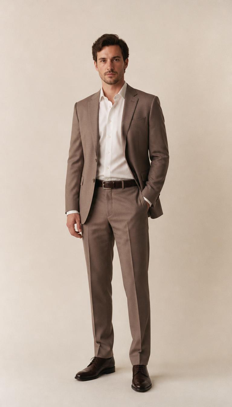 Full-length photograph of a man in tailored daywear in a doorway, shoes visible.