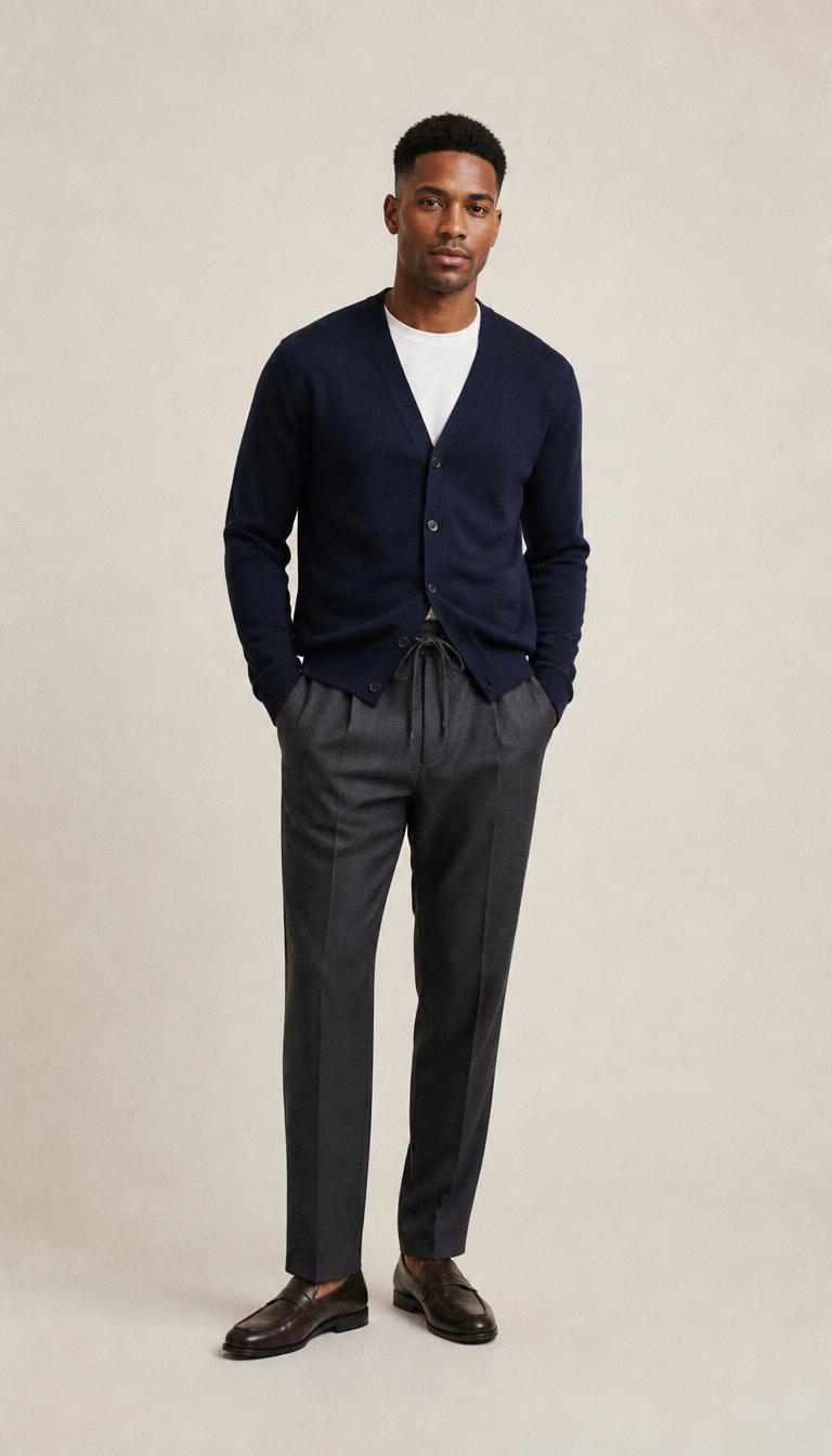 Man in a navy merino cardigan, white tee, charcoal drawstring trousers and dark brown loafers, head to toe.
