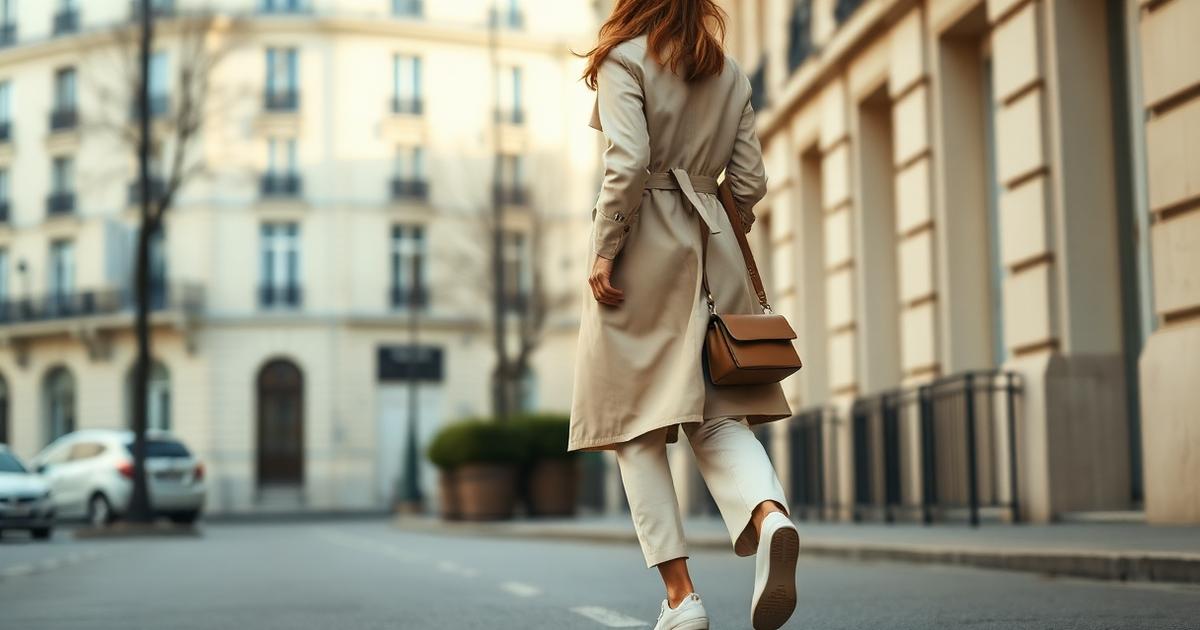 What to wear in Paris: a woman in a beige trench, cream tailored trousers, and minimalist white leather sneakers walking a quiet Parisian street lined with Haussmann facades — Miréva Paris packing inspiration
