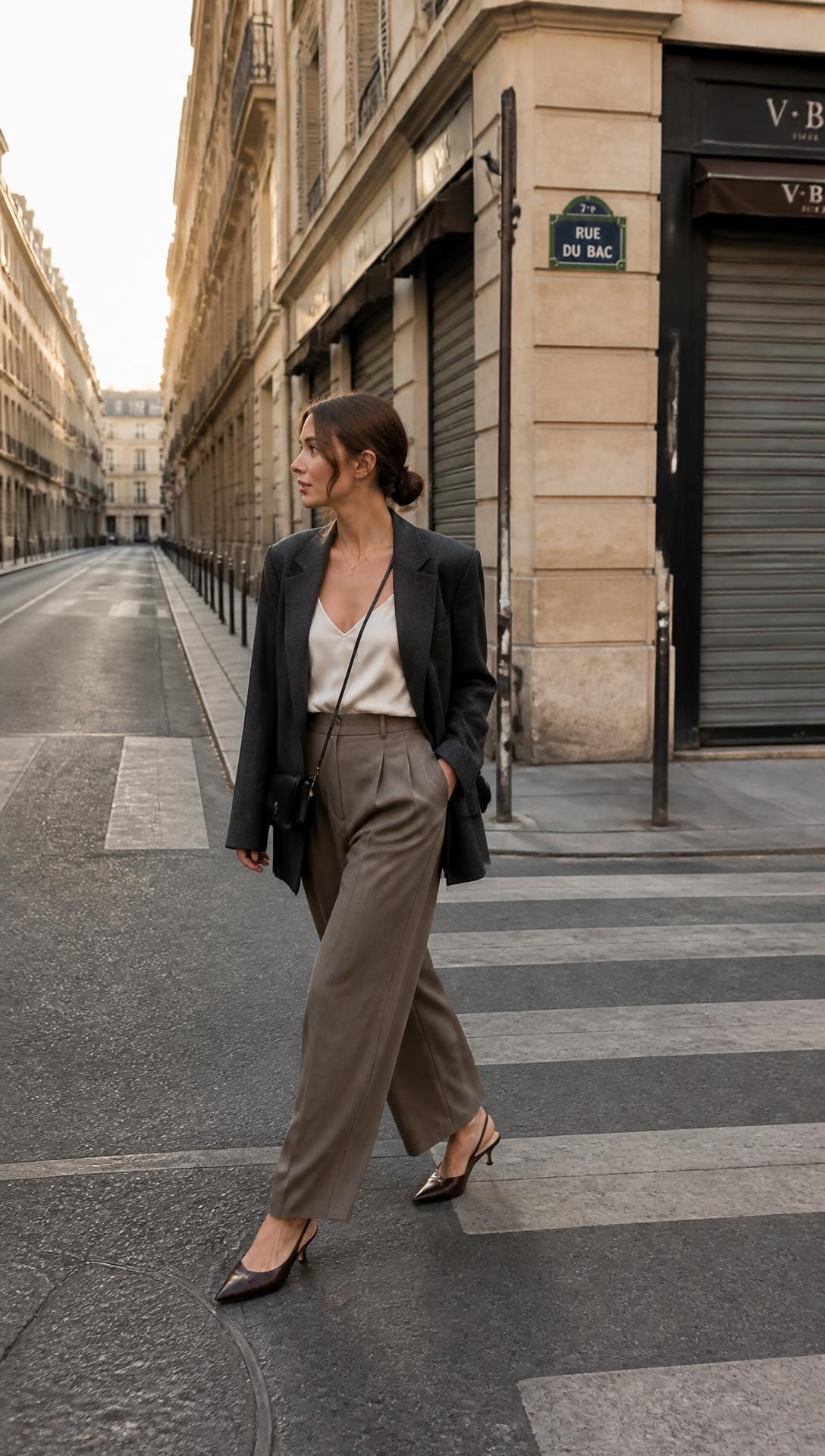The Corner — Charcoal unstructured blazer, ivory silk camisole, taupe wide-leg pleated trousers, chocolate pointed slingbacks, small leather crossbody bag.