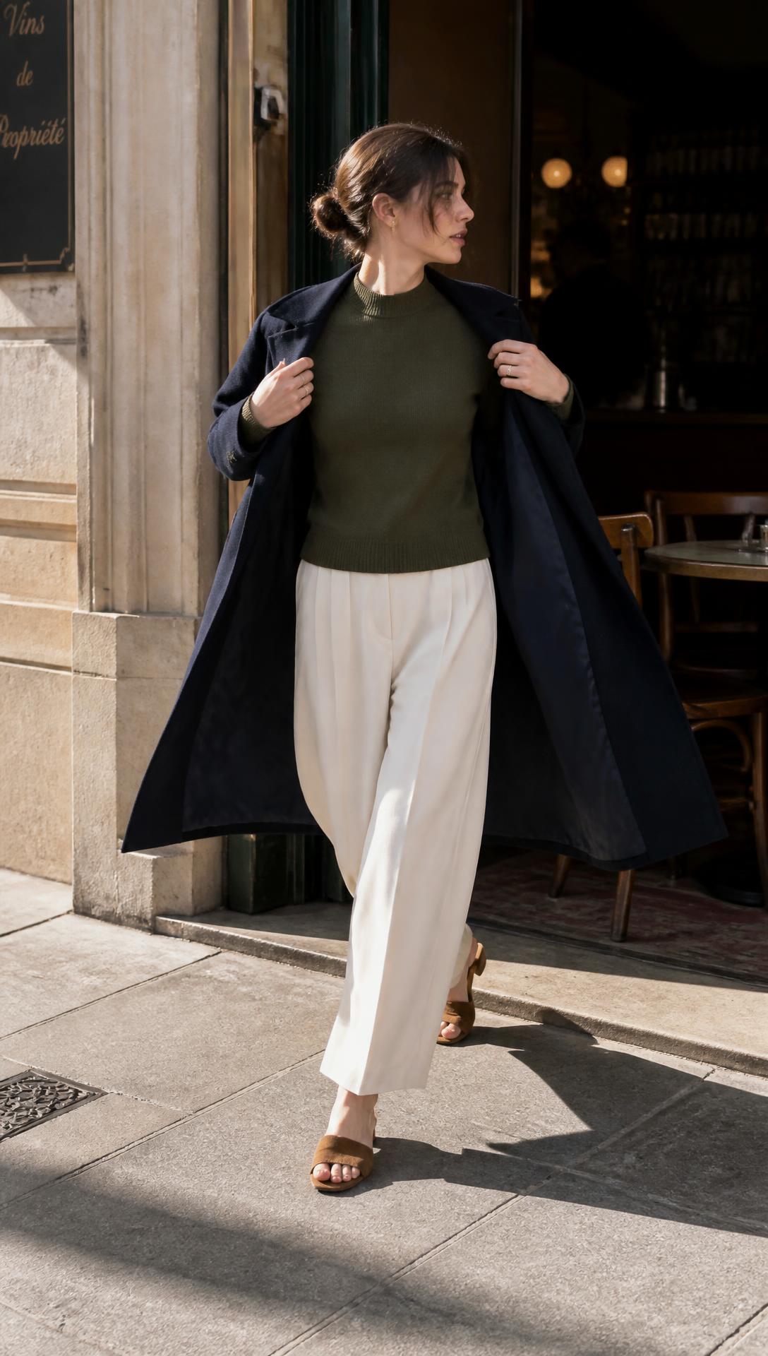 The Coat Changes Everything — Navy wool overcoat, olive fine-gauge knit, cream wide-leg trousers, brown suede mules.