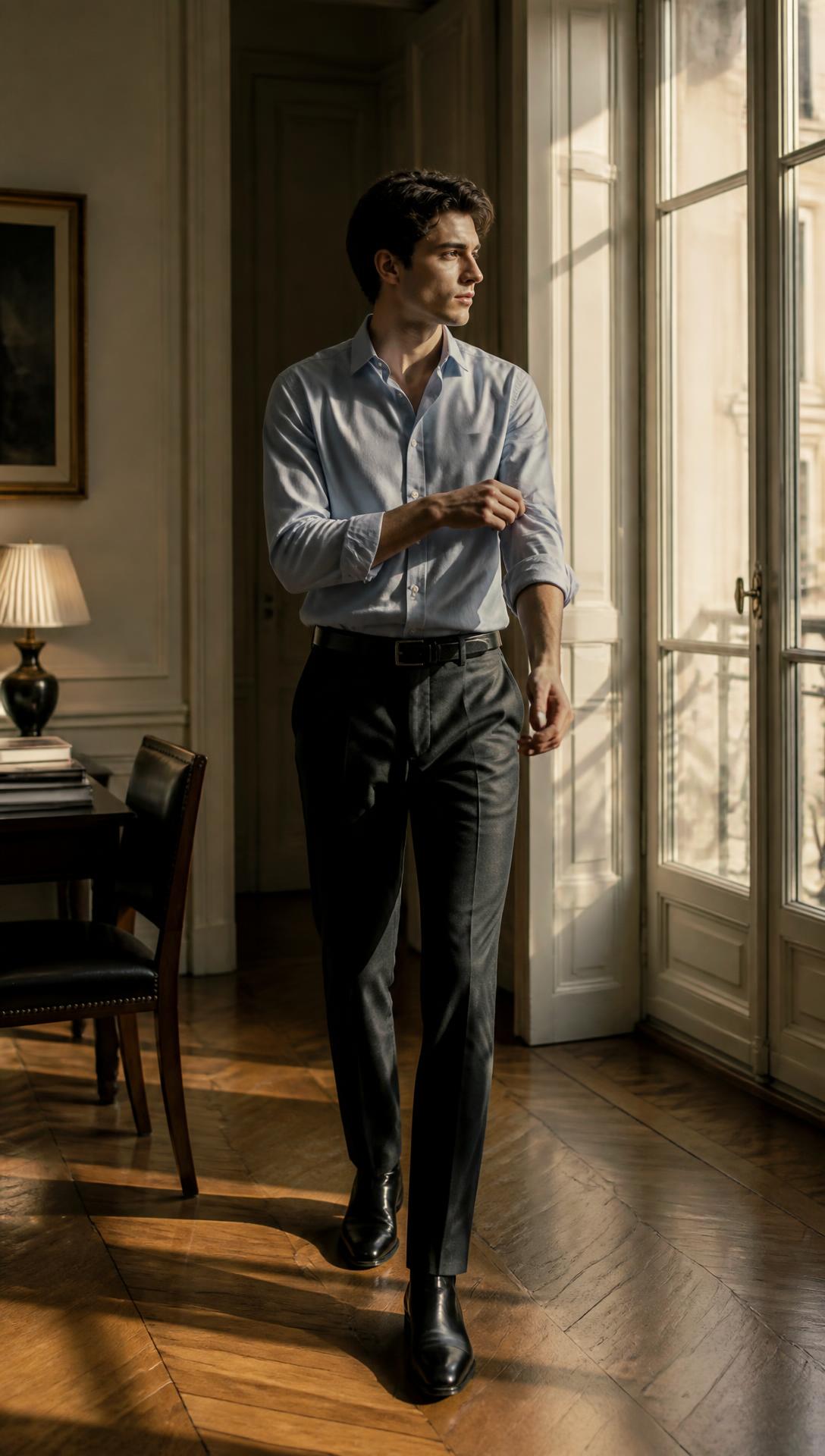 Before the Meeting — Pale blue oxford tucked into charcoal trousers, black belt, black leather Chelsea boots.