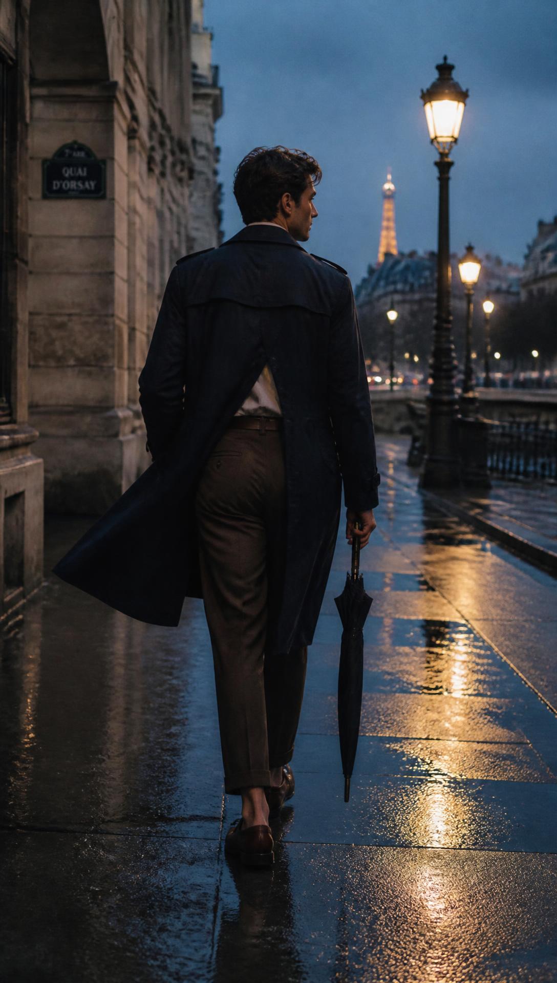 After the Rain — Navy trench open over a cream shirt and brown trousers, brown loafers, no socks.