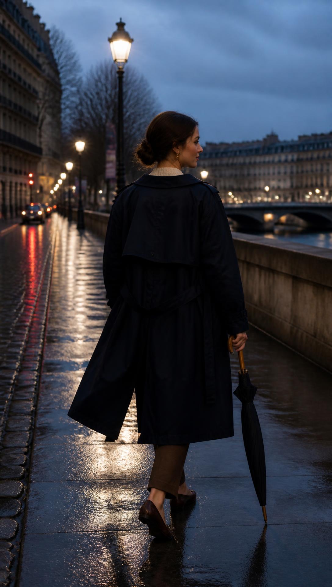 After the Rain — Navy trench open over a cream knit top and brown trousers, chocolate D'Orsay flats, no socks.