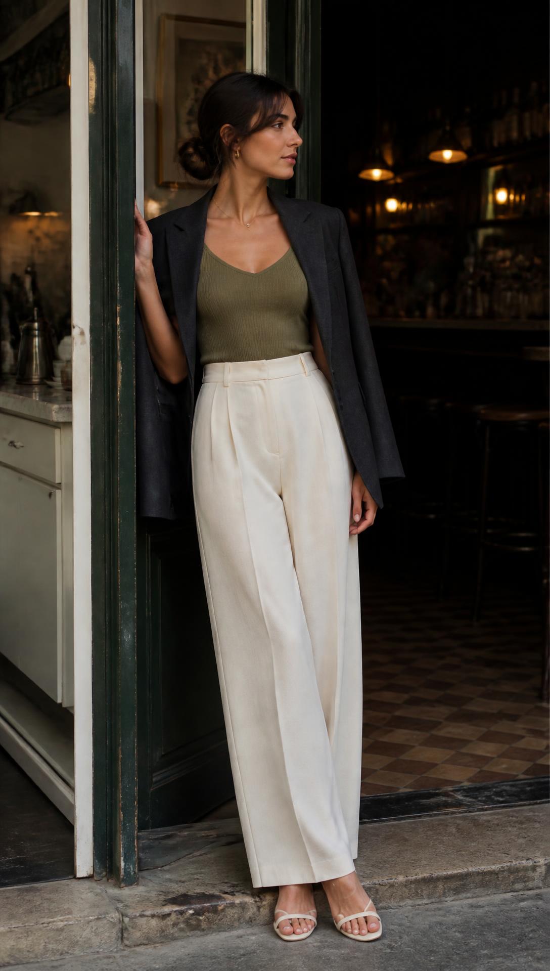 One Woman, Three Moods — Cream trousers and slim-strap sandals throughout; knit, then shirt, then blazer.