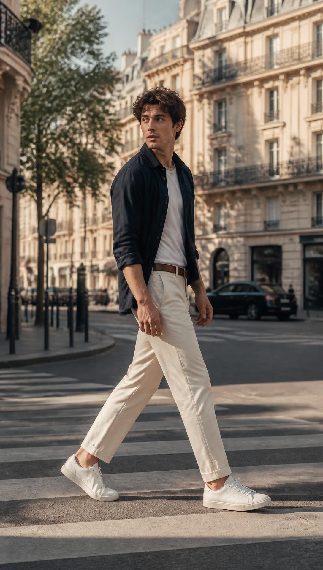 One Man, Three Moods — Cream trousers and loafers throughout; knit, then shirt, then blazer.