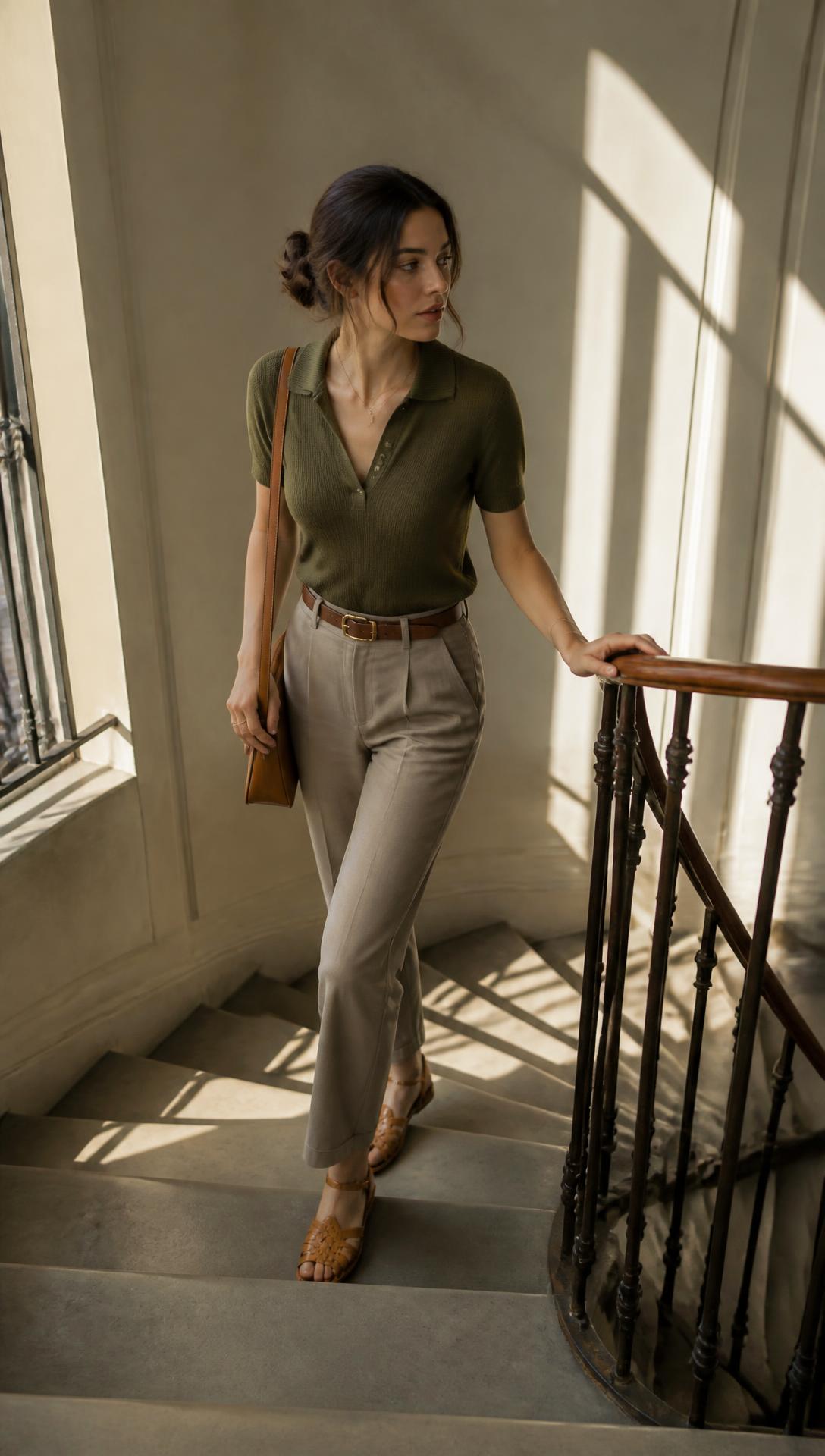 The Details People Notice — Olive knit polo, taupe trousers, brown leather belt, woven leather summer sandals.