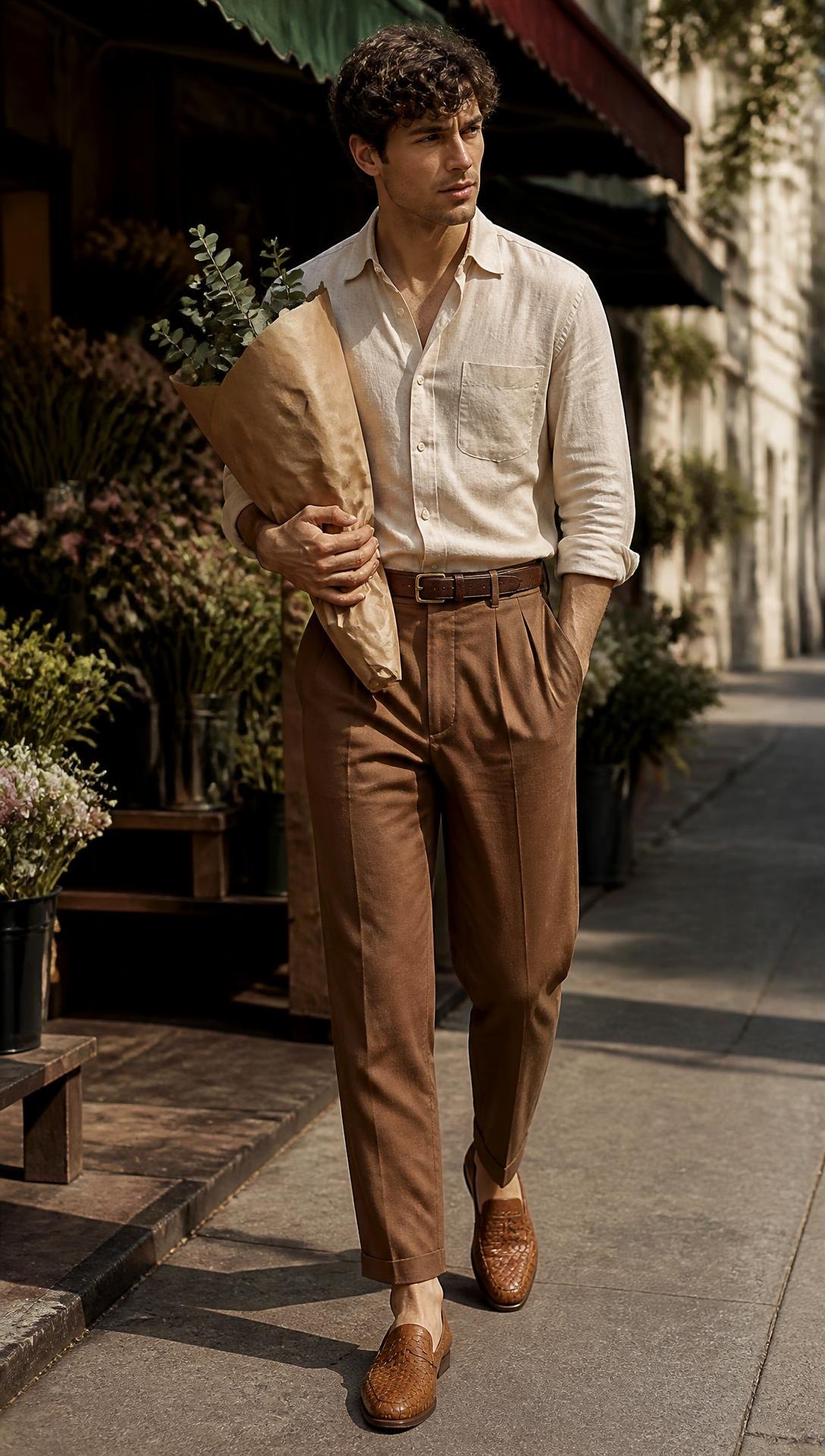 The Details People Notice — Olive knit polo, taupe trousers, brown belt, woven summer loafers.