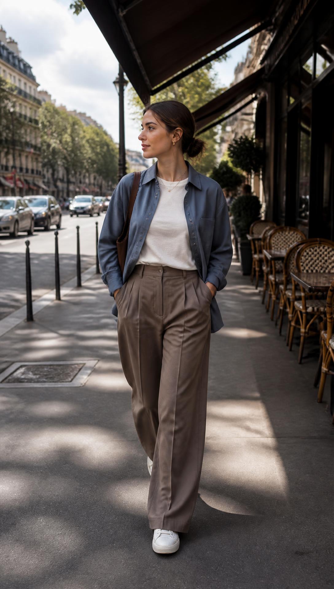 The City Is the Runway — Muted blue cotton overshirt, cream tee, taupe wide-leg trousers, minimal white leather sneakers.