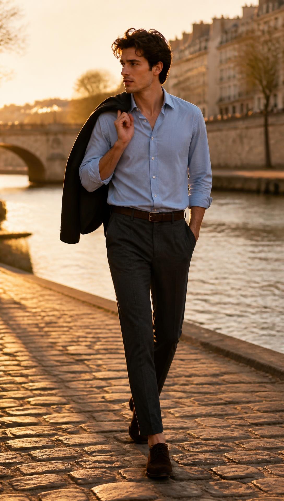 The City Is the Runway — Muted blue overshirt, cream tee, taupe trousers, minimal leather sneakers.