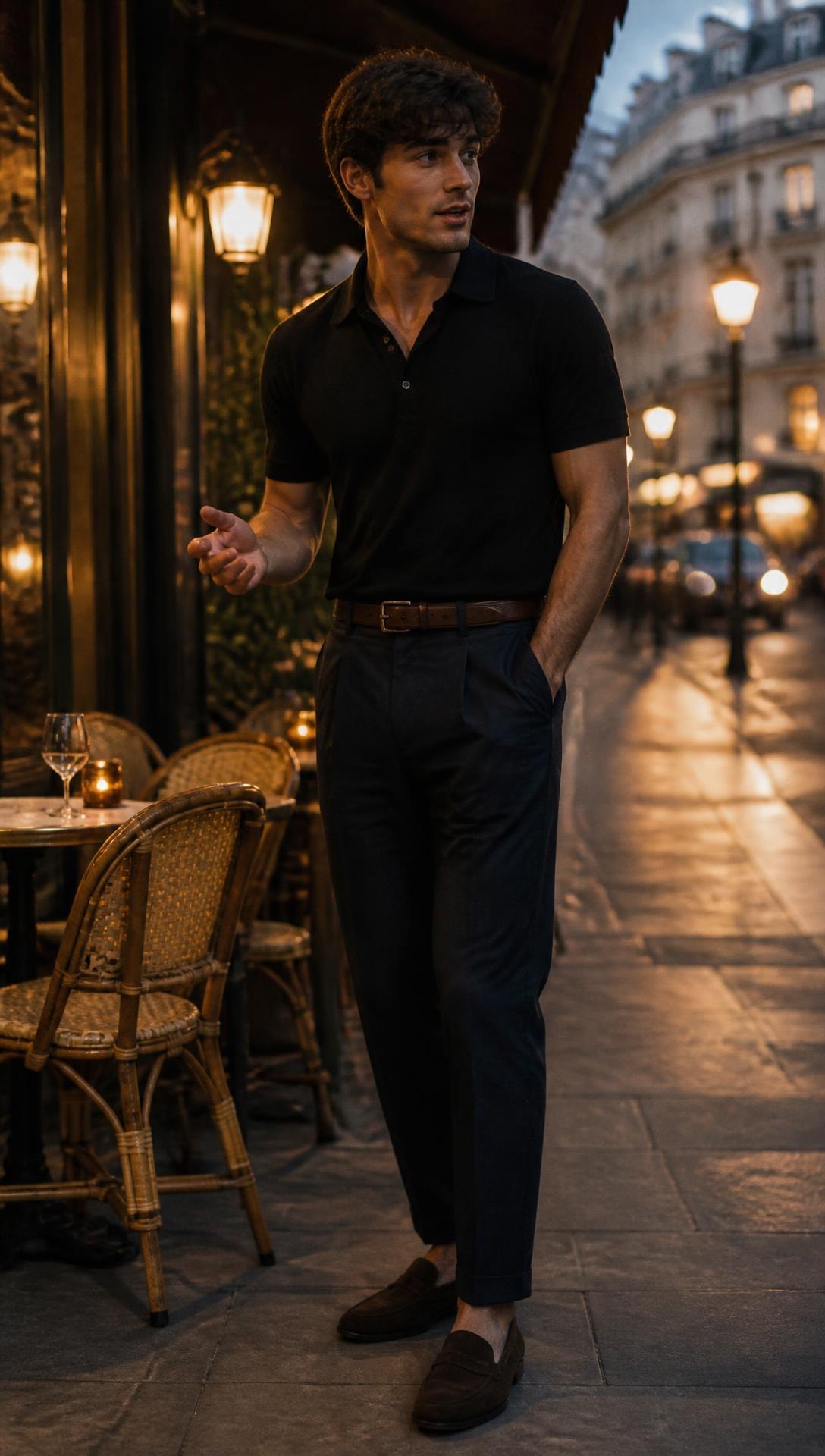Morning to Evening — Charcoal trousers and black boots both times; blazer, then shirt alone.