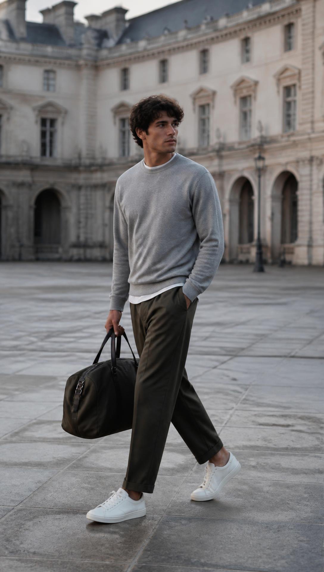 The Weekend Train — Cream linen overshirt, olive trousers, tan woven loafers, canvas holdall.