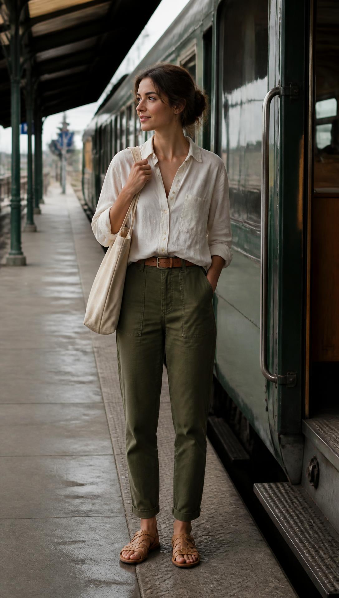 The Weekend Train — Cream linen overshirt, olive trousers, tan woven leather sandals, canvas tote.
