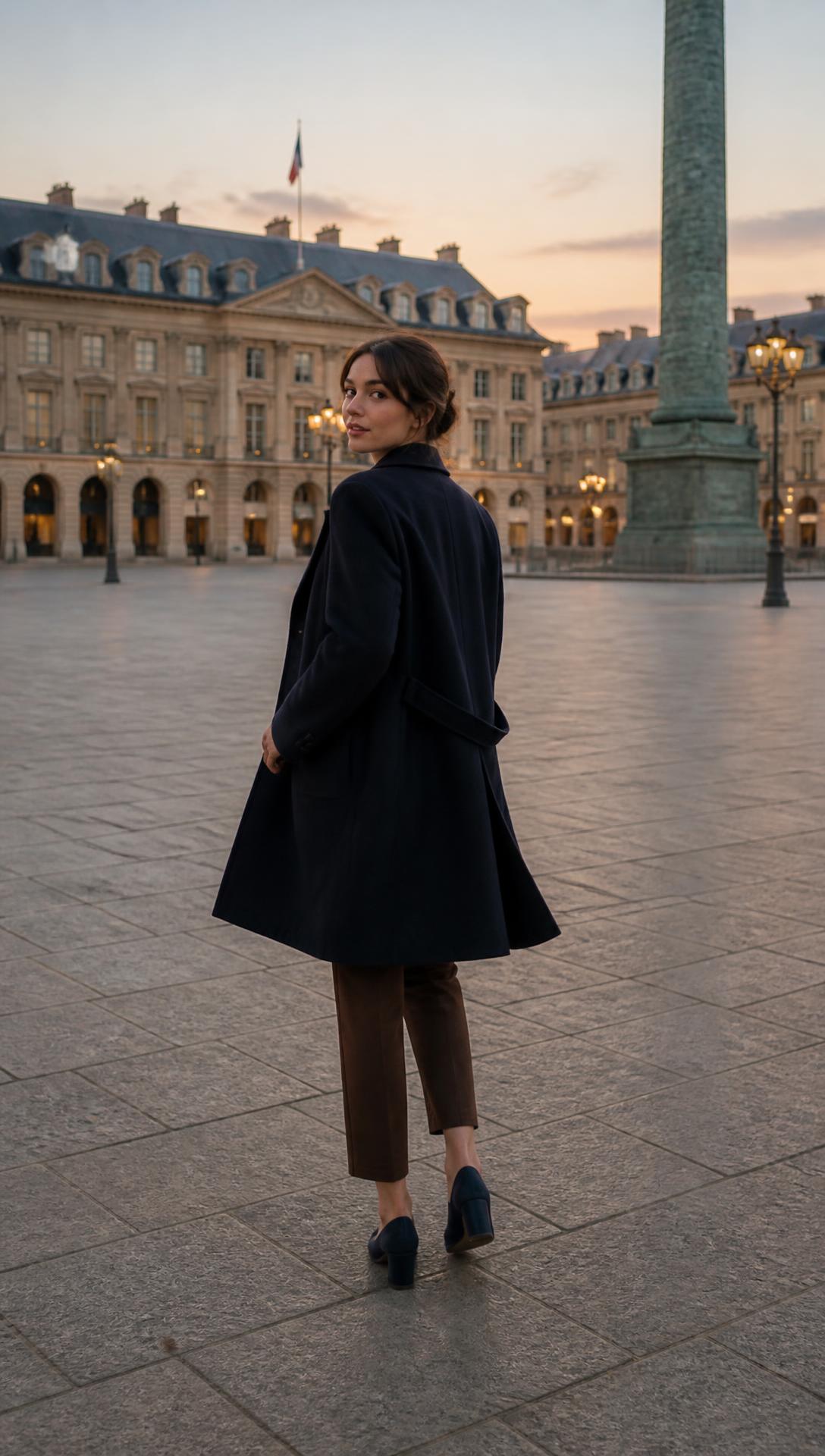 With Intention — Navy wool overcoat, charcoal fine-knit, brown trousers, navy low block-heel pumps.