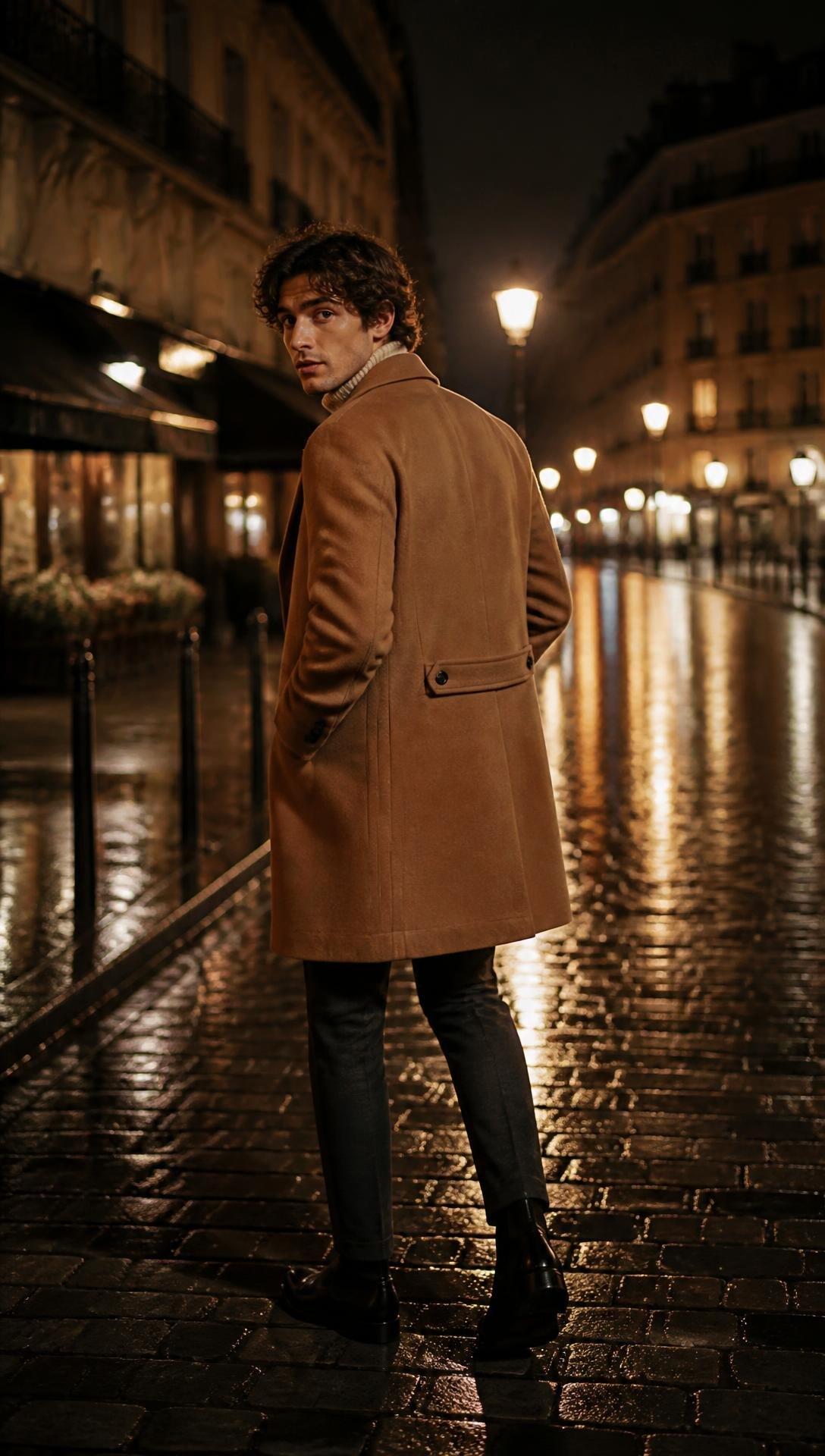 With Intention — Navy overcoat, charcoal knit, brown trousers, chocolate loafers.
