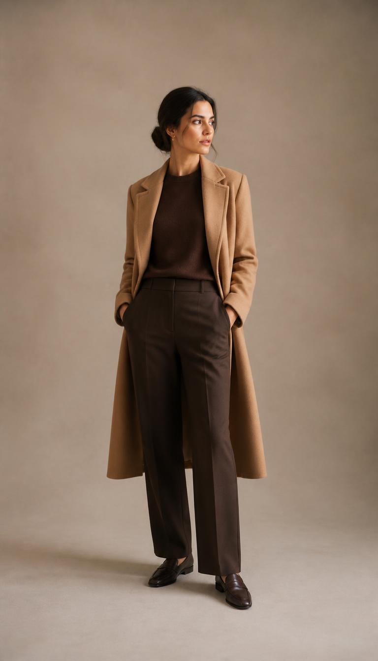 Autumn — The heavier version of the same outfit: wool, boot, deeper neutral.