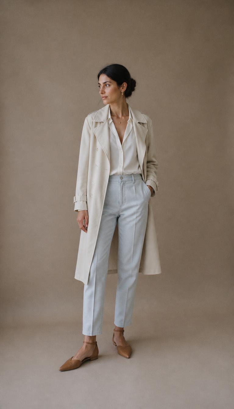 Spring — Lighter layers over the same line — trench, fine knit, low shoe.