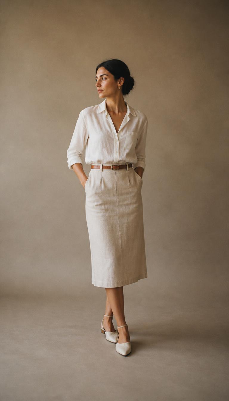 Summer — The palette in linen and cotton; the waist stays exactly where it was.