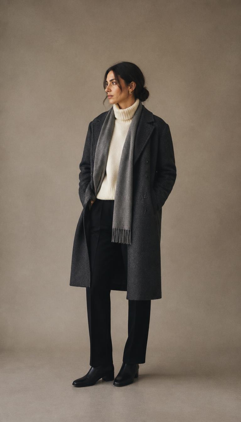 Winter — One long coat that keeps the silhouette instead of hiding it.